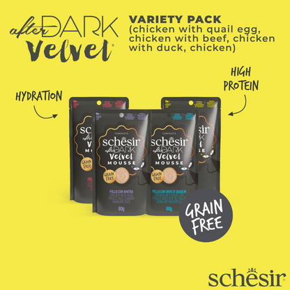 Schesir After Dark Velvet Mousse Variety Pack | 4 Flavors | Chicken, Chicken with Quail Egg, Beef & Duck | With Liver, Gizzards & Heart | 12x80g (960g)