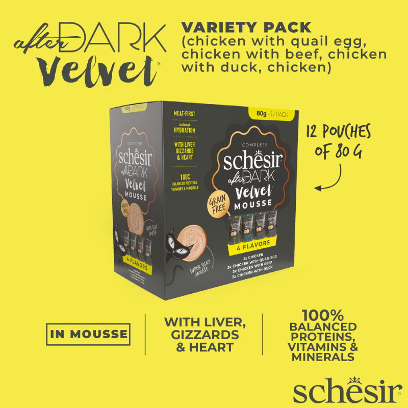Schesir After Dark Velvet Mousse Variety Pack | 4 Flavors | Chicken, Chicken with Quail Egg, Beef & Duck | With Liver, Gizzards & Heart | 12x80g (960g)