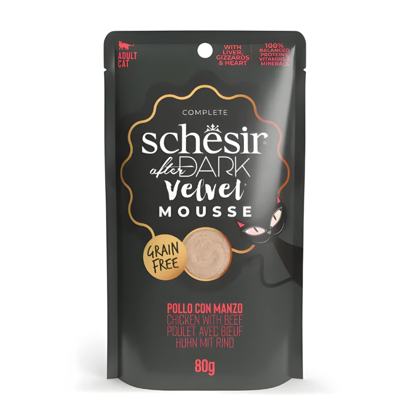 Schesir After Dark Velvet Mousse Variety Pack | 4 Flavors | Chicken, Chicken with Quail Egg, Beef & Duck | With Liver, Gizzards & Heart | 12x80g (960g)