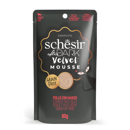 Schesir After Dark Velvet Mousse Variety Pack | 4 Flavors | Chicken, Chicken with Quail Egg, Beef & Duck | With Liver, Gizzards & Heart | 12x80g (960g)