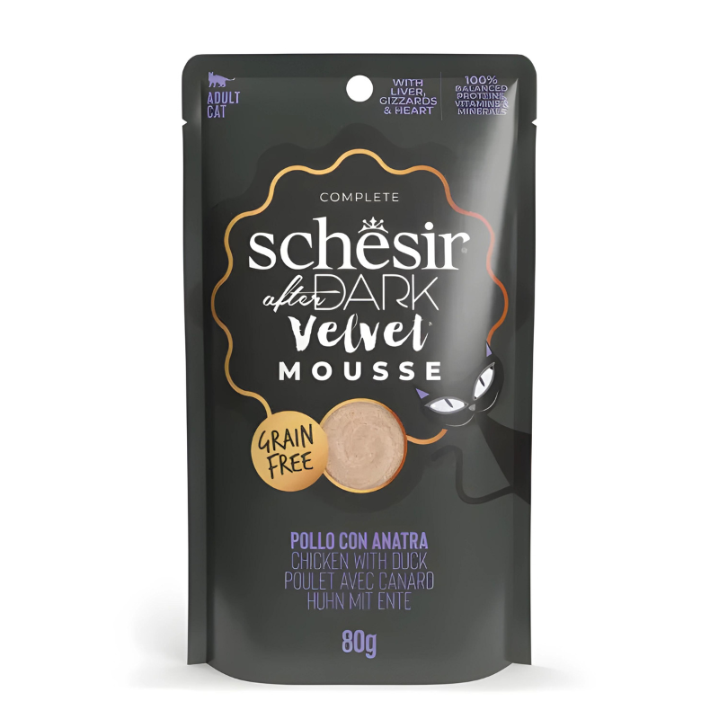 Schesir After Dark Velvet Mousse Variety Pack | 4 Flavors | Chicken, Chicken with Quail Egg, Beef & Duck | With Liver, Gizzards & Heart | 12x80g (960g)