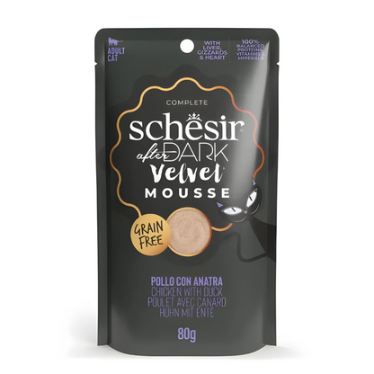Schesir After Dark Velvet Mousse Variety Pack | 4 Flavors | Chicken, Chicken with Quail Egg, Beef & Duck | With Liver, Gizzards & Heart | 12x80g (960g)