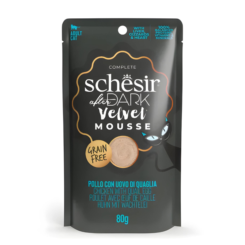 Schesir After Dark Velvet Mousse Variety Pack | 4 Flavors | Chicken, Chicken with Quail Egg, Beef & Duck | With Liver, Gizzards & Heart | 12x80g (960g)