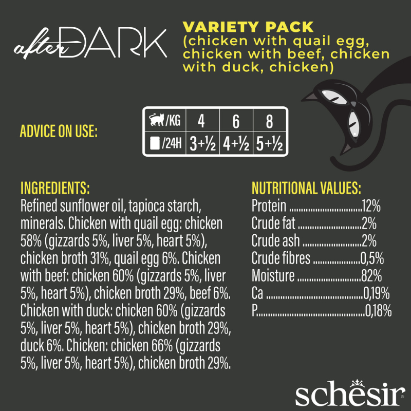 Schesir After Dark Wholefood in Broth Variety Pack | 4 Flavors | Chicken, Chicken with Quail Egg, Beef & Duck | With Liver, Gizzards & Heart | 12x80g (960g)