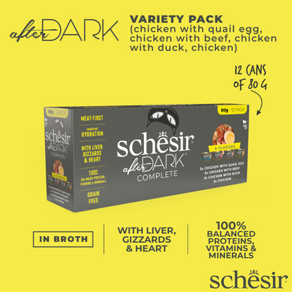 Schesir After Dark Wholefood in Broth Variety Pack | 4 Flavors | Chicken, Chicken with Quail Egg, Beef & Duck | With Liver, Gizzards & Heart | 12x80g (960g)