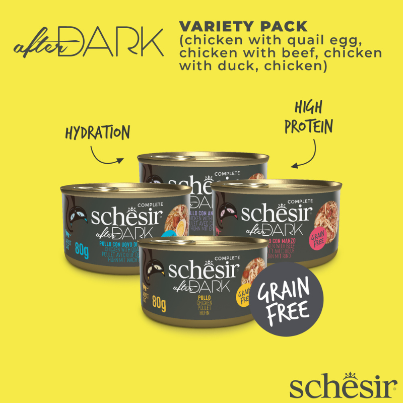 Schesir After Dark Wholefood in Broth Variety Pack | 4 Flavors | Chicken, Chicken with Quail Egg, Beef & Duck | With Liver, Gizzards & Heart | 12x80g (960g)