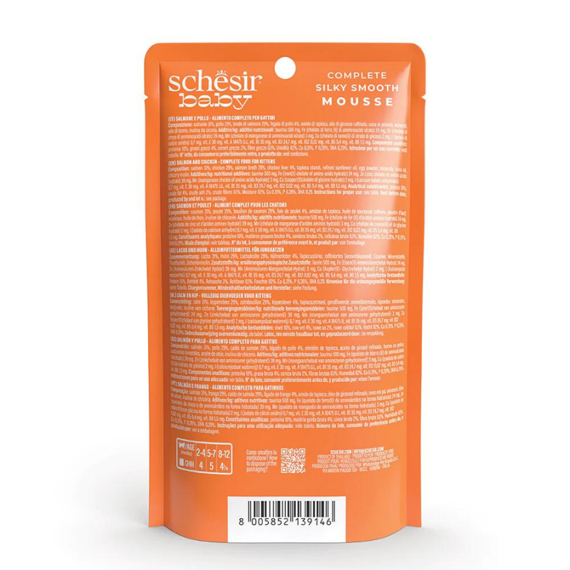 Schesir Baby Mousse Kitten Salmon and Chicken | With DHA & Taurine | Complete | Grain Free | 12x70g
