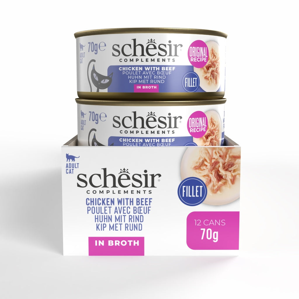 Schesir Complements Chicken with Beef in Broth | Fillet in Broth | Complementary Cat Food | 70g x 12