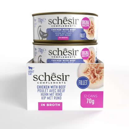 Schesir Complements Chicken with Beef in Broth | Fillet in Broth | Complementary Cat Food | 70g x 12