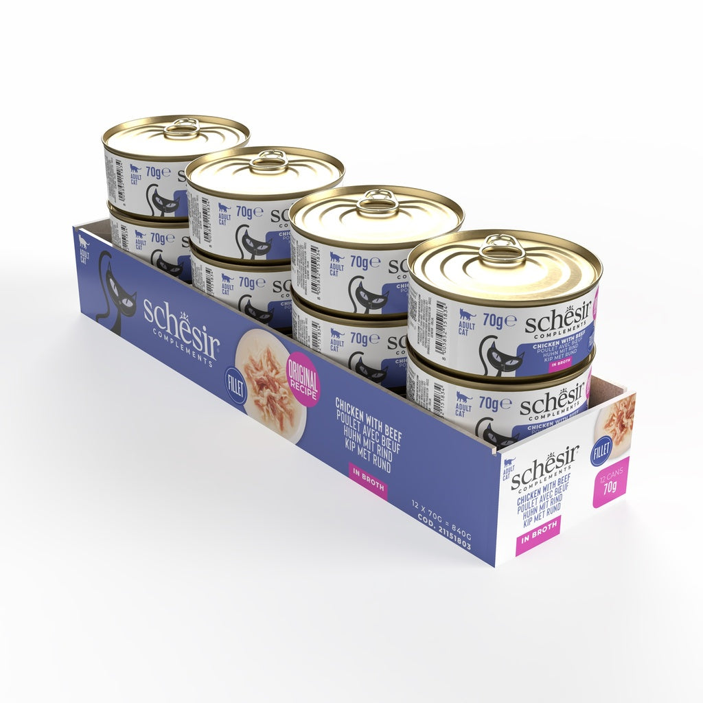 Schesir Complements Chicken with Beef in Broth | Fillet in Broth | Complementary Cat Food | 70g x 12