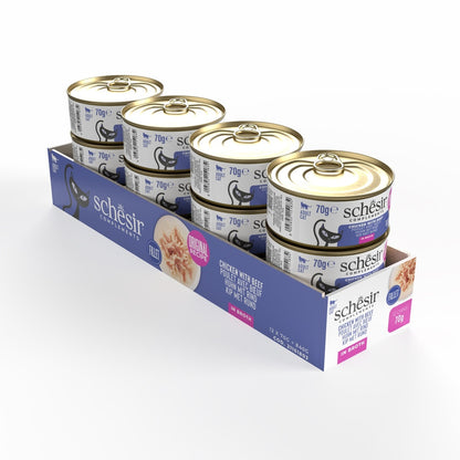 Schesir Complements Chicken with Beef in Broth | Fillet in Broth | Complementary Cat Food | 70g x 12