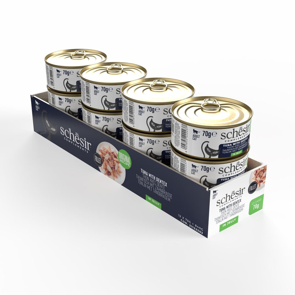 Schesir Complements Tuna with Dentex in Jelly | 51% Tuna, 6% Dentex | Complementary Cat Food | Original Recipe | 70g x 12