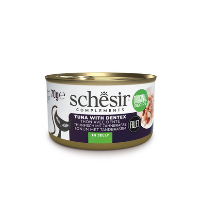 Schesir Complements Tuna with Dentex in Jelly | 51% Tuna, 6% Dentex | Complementary Cat Food | Original Recipe | 70g x 12