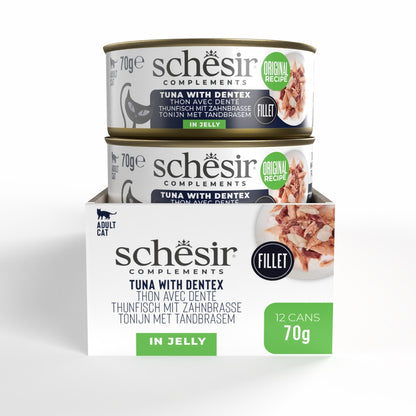 Schesir Complements Tuna with Dentex in Jelly | 51% Tuna, 6% Dentex | Complementary Cat Food | Original Recipe | 70g x 12