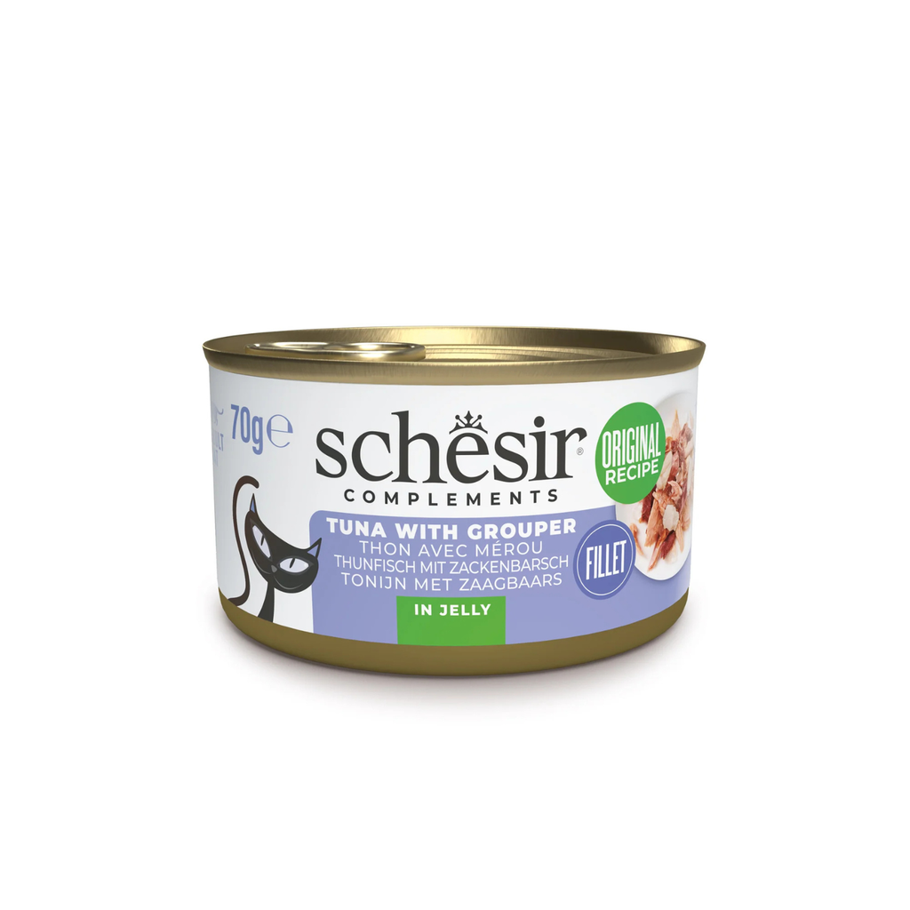 Schesir Complements Tuna with Grouper in Jelly | 51% Tuna, 6% Grouper | Complementary Cat Food | 70g x 12
