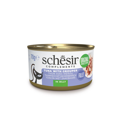 Schesir Complements Tuna with Grouper in Jelly | 51% Tuna, 6% Grouper | Complementary Cat Food | 70g x 12