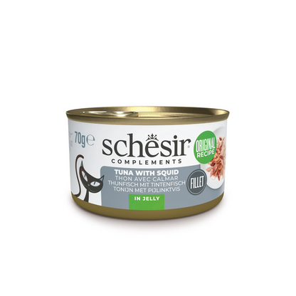 Schesir Complements Tuna with Squid in Jelly | 51% Tuna, 6% Squid | Complementary Cat Food | 70g x 12