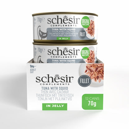 Schesir Complements Tuna with Squid in Jelly | 51% Tuna, 6% Squid | Complementary Cat Food | 70g x 12