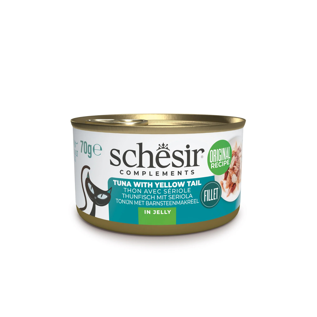 Schesir Complements Tuna with Yellow Tail in Jelly | 51% Tuna, 6% Yellow Tail | Complementary Cat Food | 70g x 12