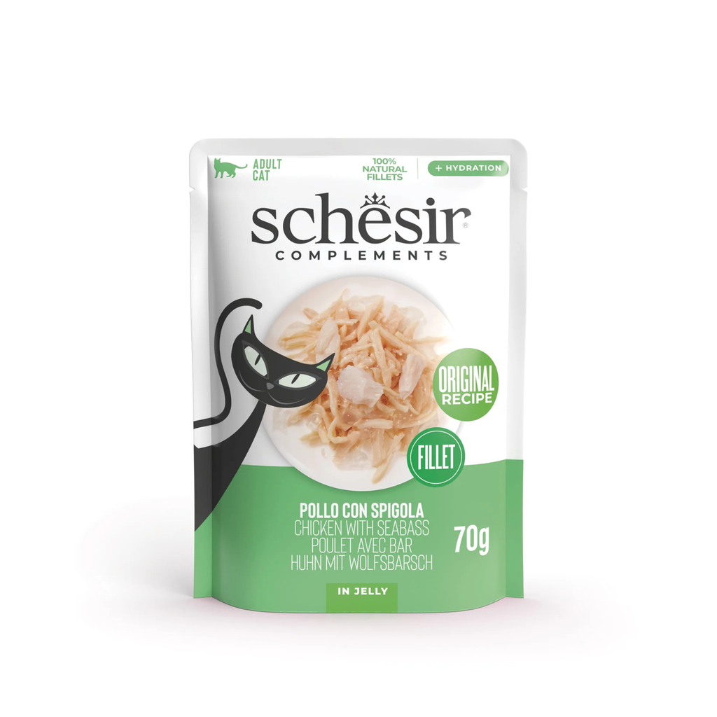 Schesir Complements Chicken with Seabass in Jelly | 100% Natural Fillets | Original Recipe | Complementary Cat Food | 12 x 70g