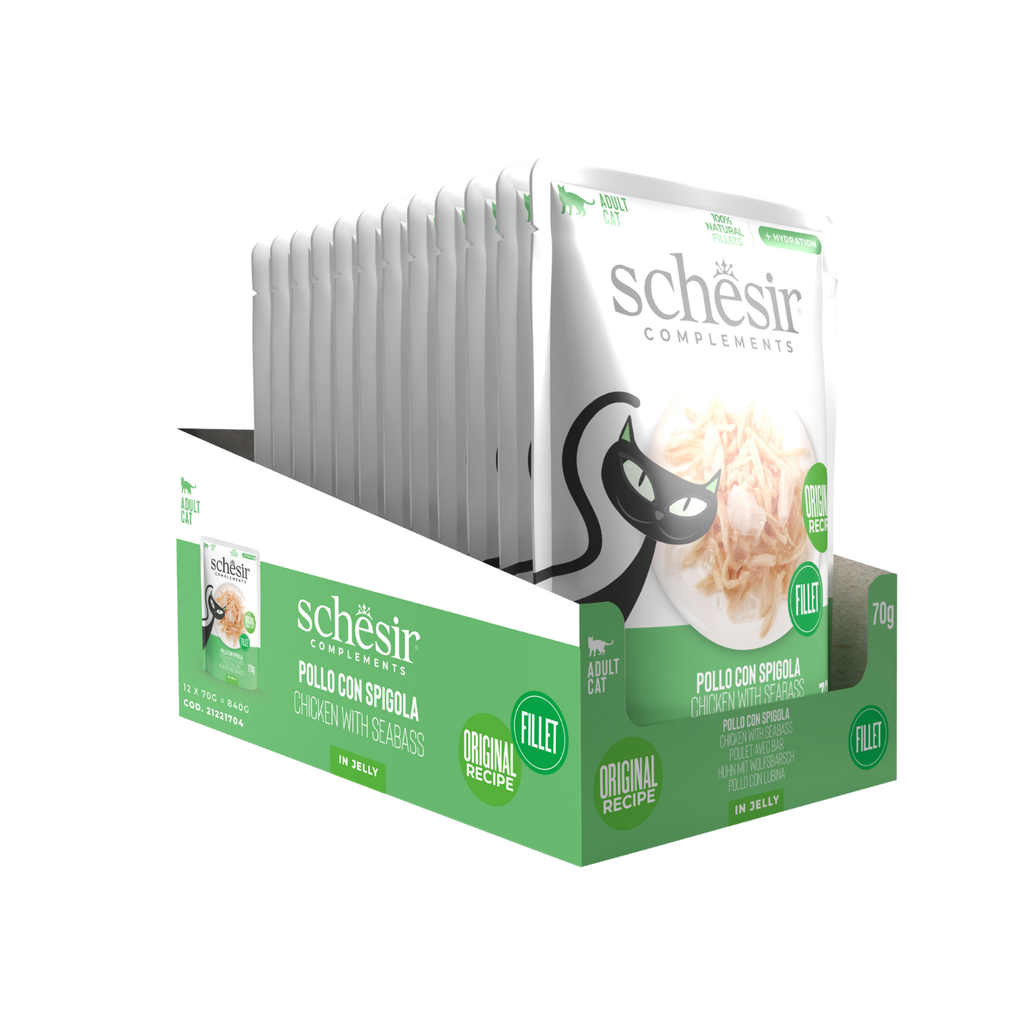 Schesir Complements Chicken with Seabass in Jelly | 100% Natural Fillets | Original Recipe | Complementary Cat Food | 12 x 70g
