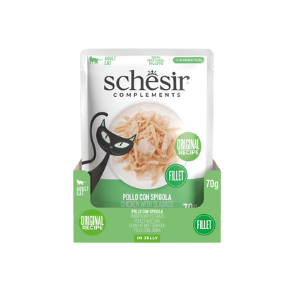Schesir Complements Chicken with Seabass in Jelly | 100% Natural Fillets | Original Recipe | Complementary Cat Food | 12 x 70g