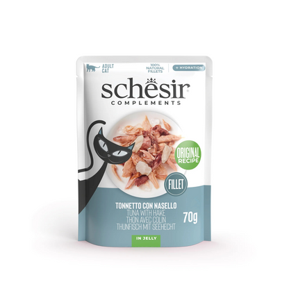 Schesir Complements Tuna with Hake in Jelly | 100% Natural Fillets | Original Recipe | Complementary Cat Food | 12 x 70g