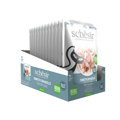 Schesir Complements Tuna with Hake in Jelly | 100% Natural Fillets | Original Recipe | Complementary Cat Food | 12 x 70g