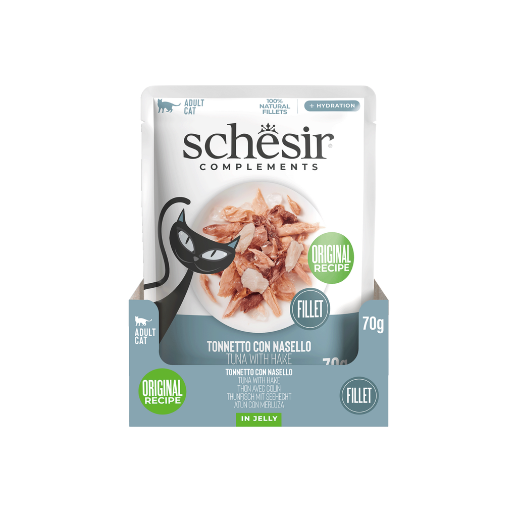 Schesir Complements Tuna with Hake in Jelly | 100% Natural Fillets | Original Recipe | Complementary Cat Food | 12 x 70g