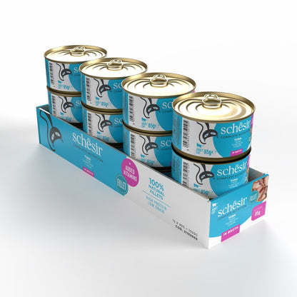 Schesir Complete Tuna in Broth | 100% Natural Fillets | Added Vitamins | Adult Cat | 12x85g