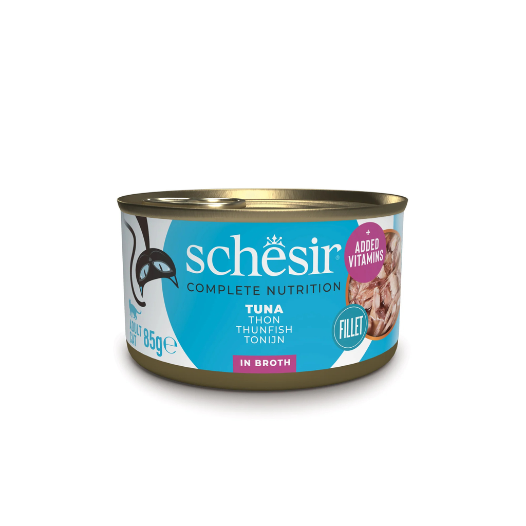 Schesir Complete Tuna in Broth | 100% Natural Fillets | Added Vitamins | Adult Cat | 12x85g