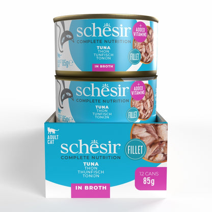 Schesir Complete Tuna in Broth | 100% Natural Fillets | Added Vitamins | Adult Cat | 12x85g