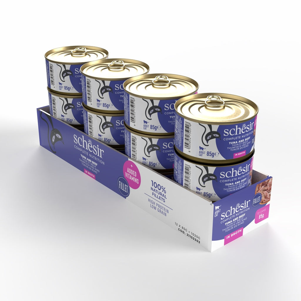 Schesir Complete Tuna with Beef in Broth | 100% Natural Fillets | Added Vitamins | Adult Cat | 12x85g