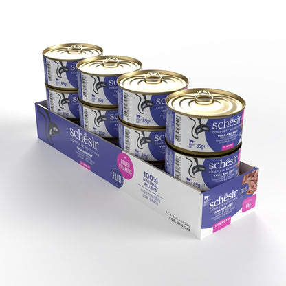 Schesir Complete Tuna with Beef in Broth | 100% Natural Fillets | Added Vitamins | Adult Cat | 12x85g