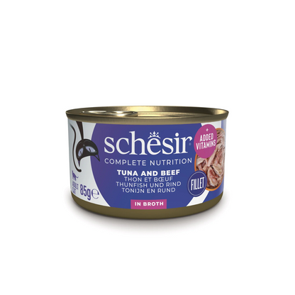 Schesir Complete Tuna with Beef in Broth | 100% Natural Fillets | Added Vitamins | Adult Cat | 12x85g