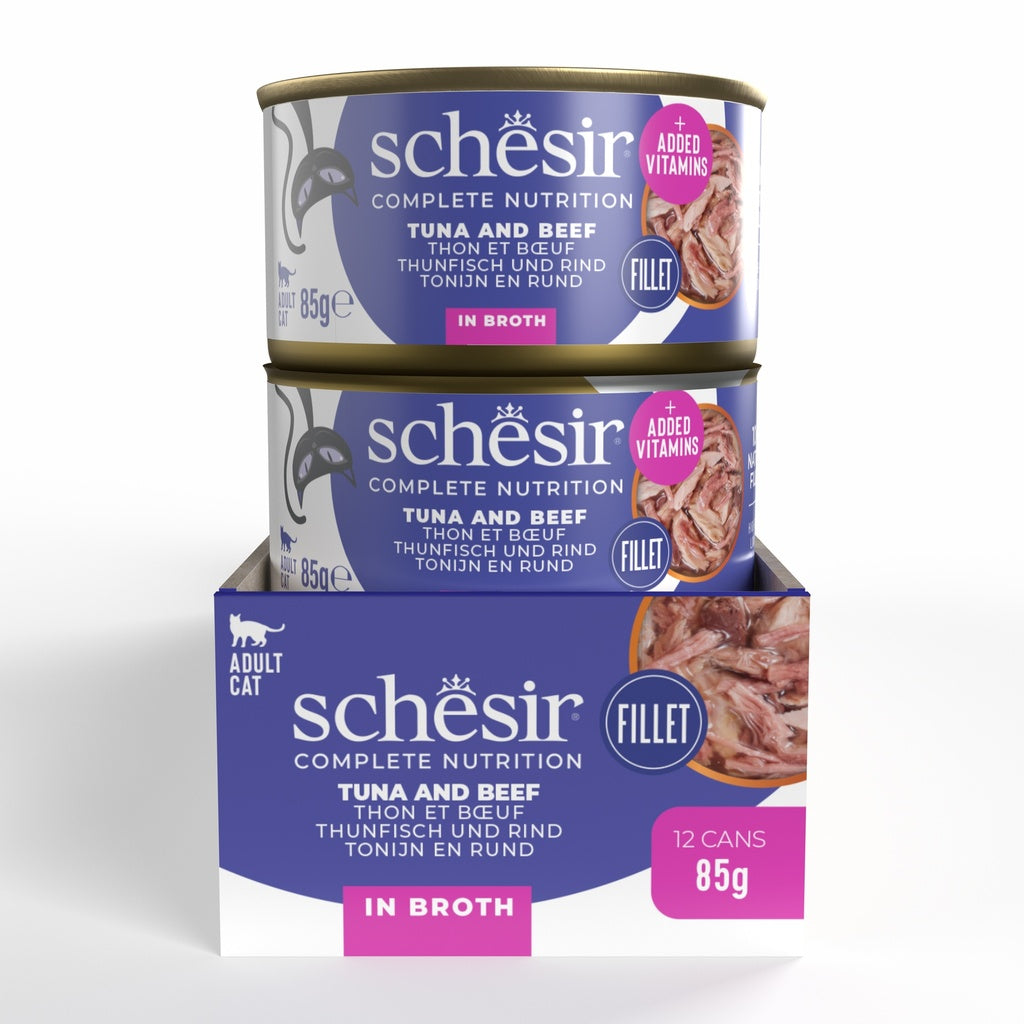 Schesir Complete Tuna with Beef in Broth | 100% Natural Fillets | Added Vitamins | Adult Cat | 12x85g