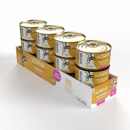 Schesir Complete Tuna with Chicken in Broth | 100% Natural Fillets | Added Vitamins | Adult Cat | 12x85g