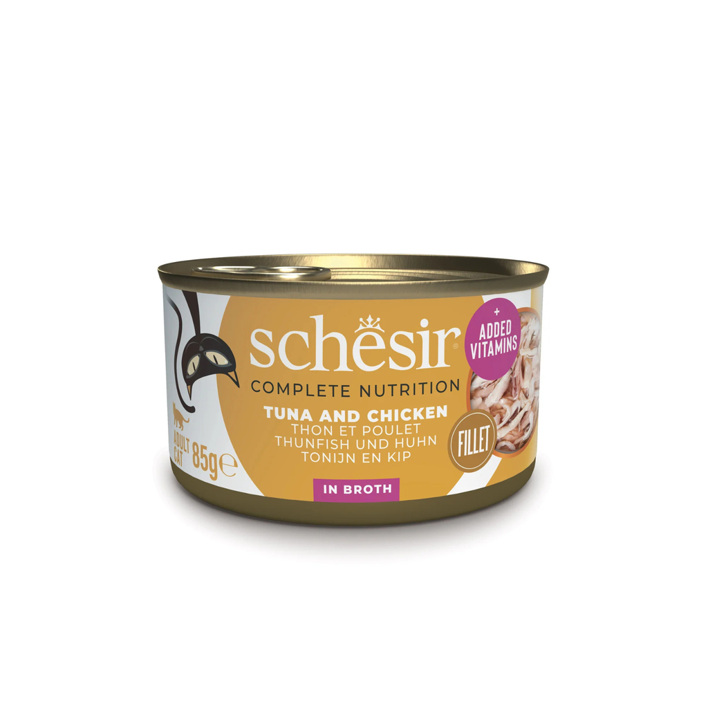 Schesir Complete Tuna with Chicken in Broth | 100% Natural Fillets | Added Vitamins | Adult Cat | 12x85g