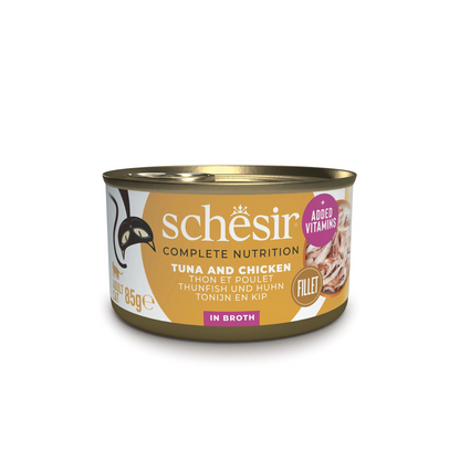 Schesir Complete Tuna with Chicken in Broth | 100% Natural Fillets | Added Vitamins | Adult Cat | 12x85g