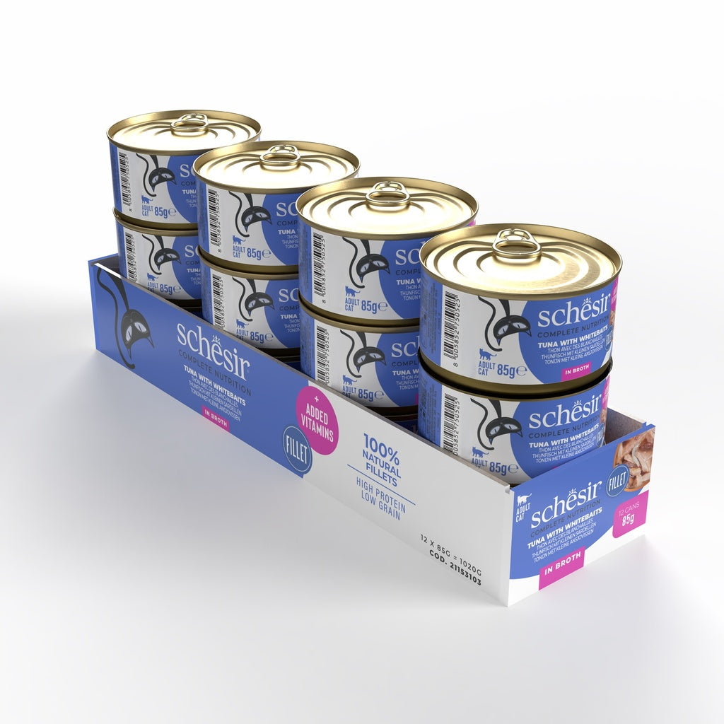 Schesir Complete Tuna with Whitebait in Broth | 100% Natural Fillets | Added Vitamins | Adult Cat | 12x85g