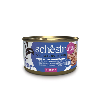 Schesir Complete Tuna with Whitebait in Broth | 100% Natural Fillets | Added Vitamins | Adult Cat | 12x85g