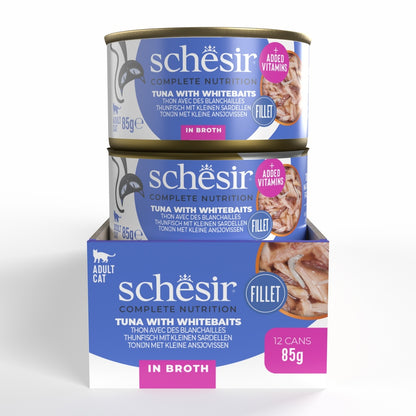 Schesir Complete Tuna with Whitebait in Broth | 100% Natural Fillets | Added Vitamins | Adult Cat | 12x85g