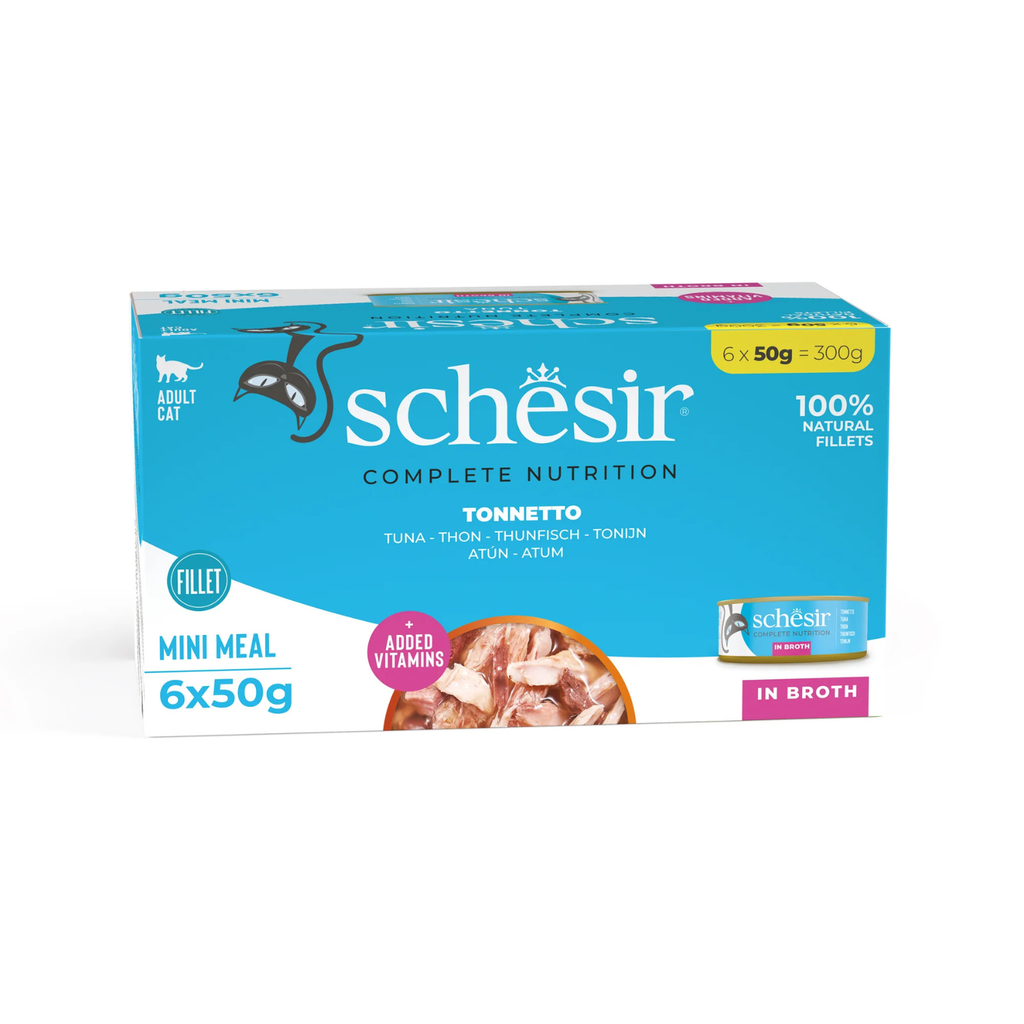 Schesir Complete Tuna Mini Meal in Broth | 100% Natural Fillets | Added Vitamins | Adult Cat | 6x50g