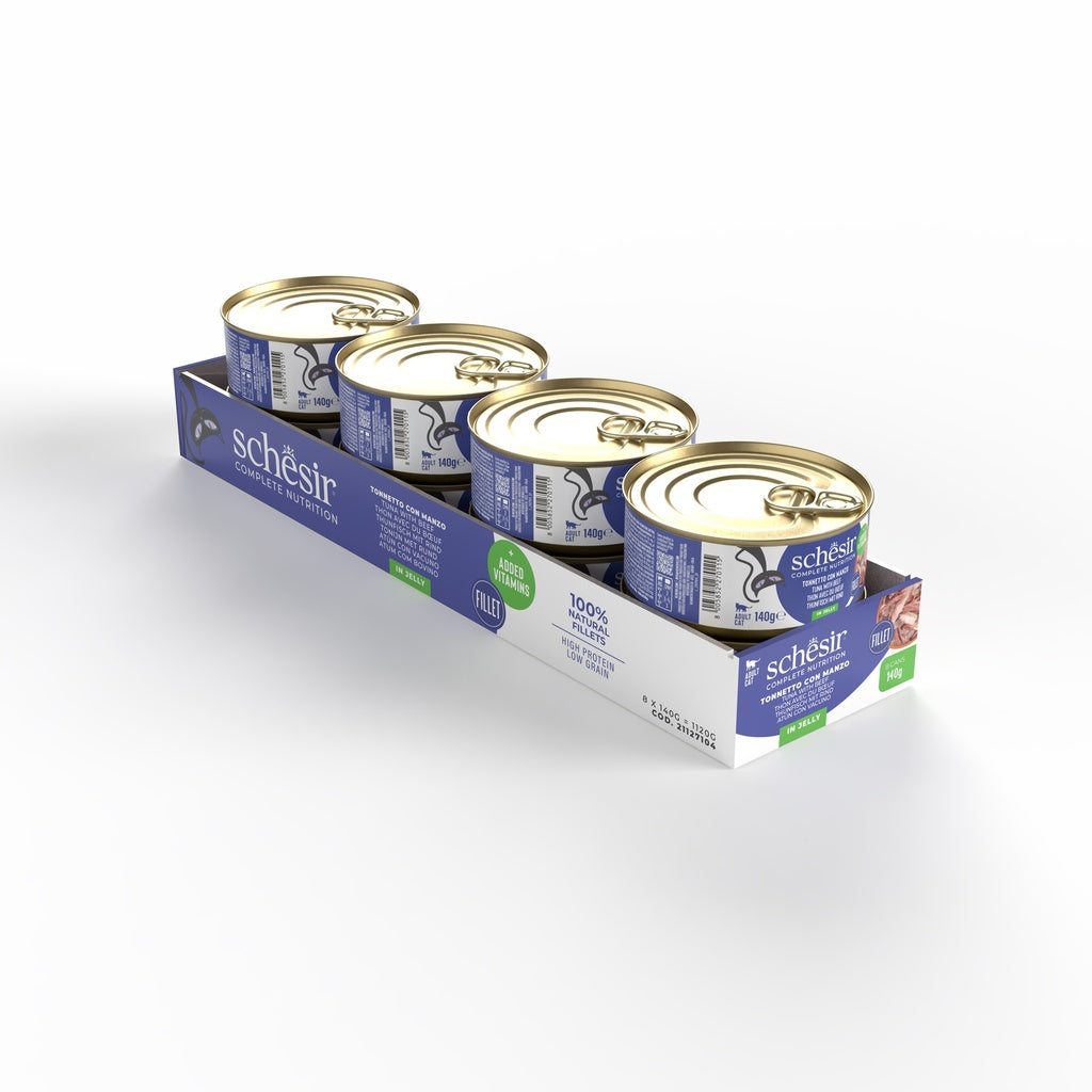 Schesir Complete Tuna with Beef in Jelly | 100% Natural Fillets | Added Vitamins | Adult Cat | 8x140g