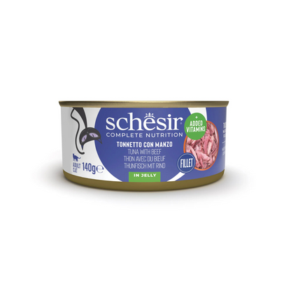 Schesir Complete Tuna with Beef in Jelly | 100% Natural Fillets | Added Vitamins | Adult Cat | 8x140g