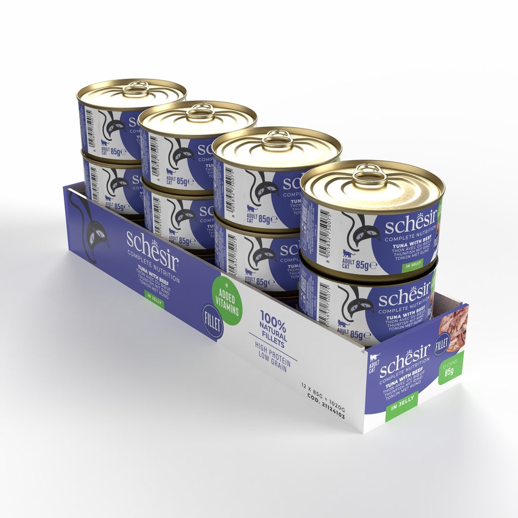 Schesir Complete Tuna with Beef in Jelly | 100% Natural Fillets | Added Vitamins | Adult Cat | 12x85g