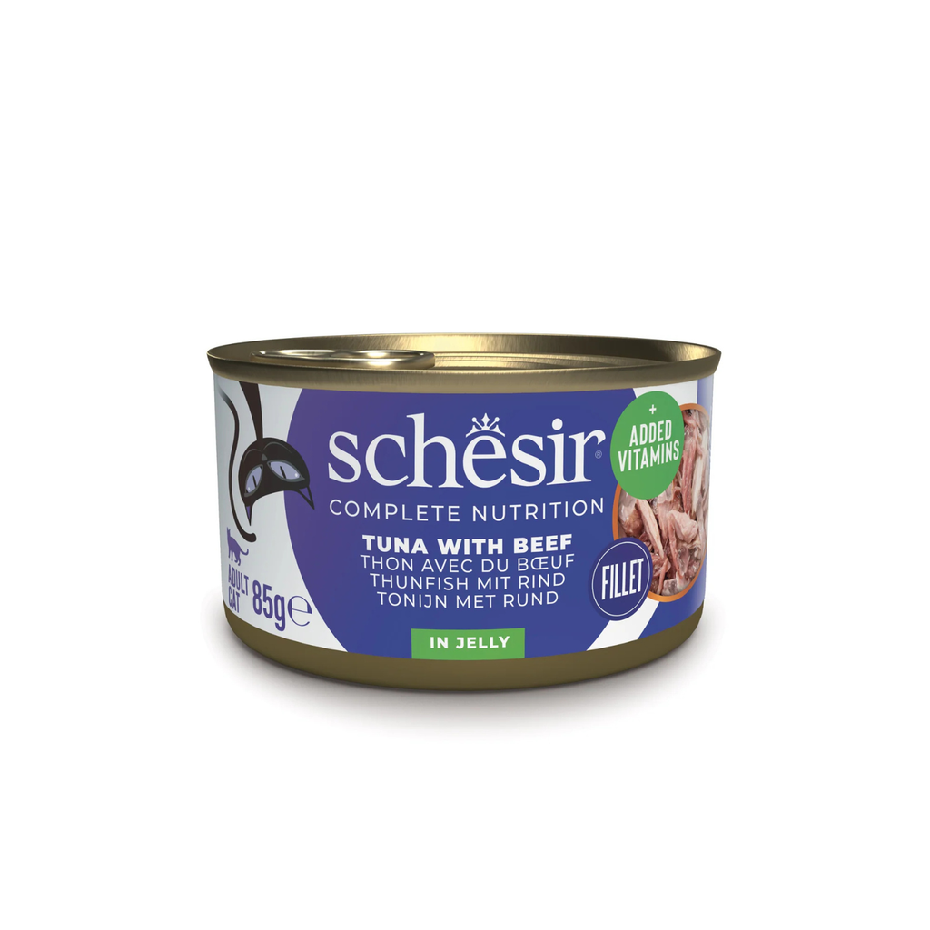 Schesir Complete Tuna with Beef in Jelly | 100% Natural Fillets | Added Vitamins | Adult Cat | 12x85g