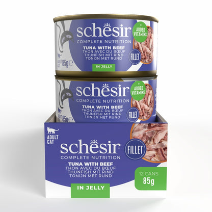 Schesir Complete Tuna with Beef in Jelly | 100% Natural Fillets | Added Vitamins | Adult Cat | 12x85g