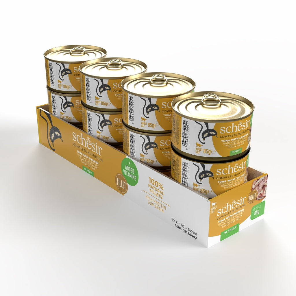 Schesir Complete Tuna with Chicken in Jelly | 100% Natural Fillets | Added Vitamins | Adult Cat | 12x85g