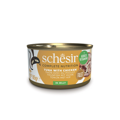 Schesir Complete Tuna with Chicken in Jelly | 100% Natural Fillets | Added Vitamins | Adult Cat | 12x85g